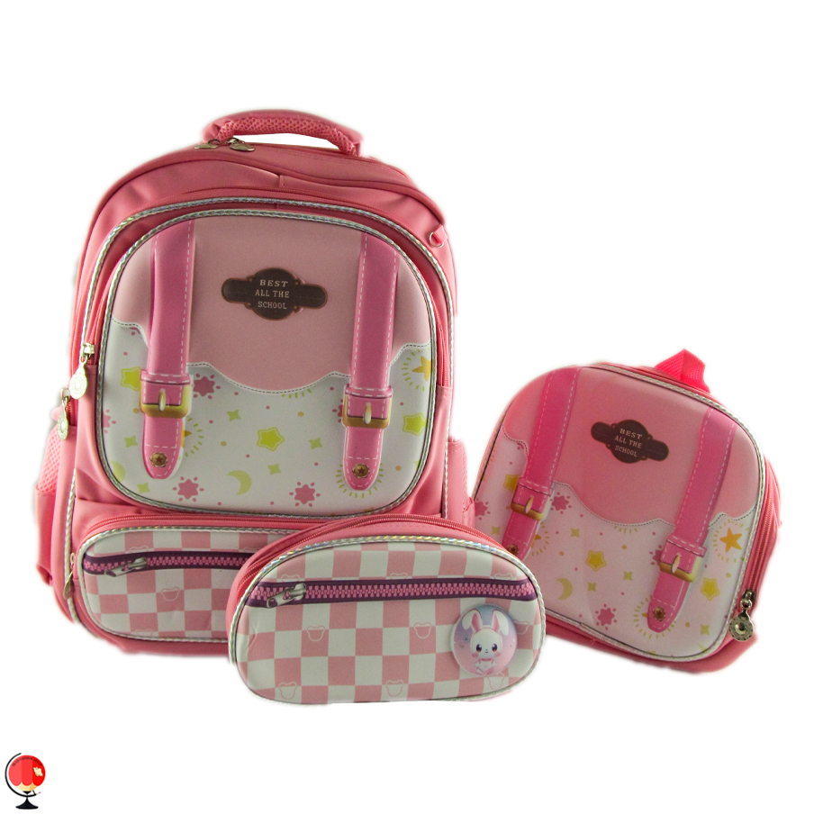 کوله پشتی دخترانه سه تیکه طرح شطرنجی صورتی